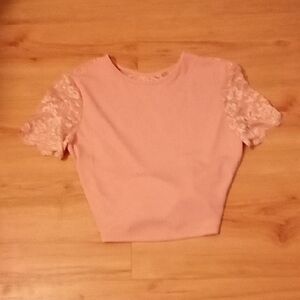SHEIN Pink Lace Sleeve Crop Top